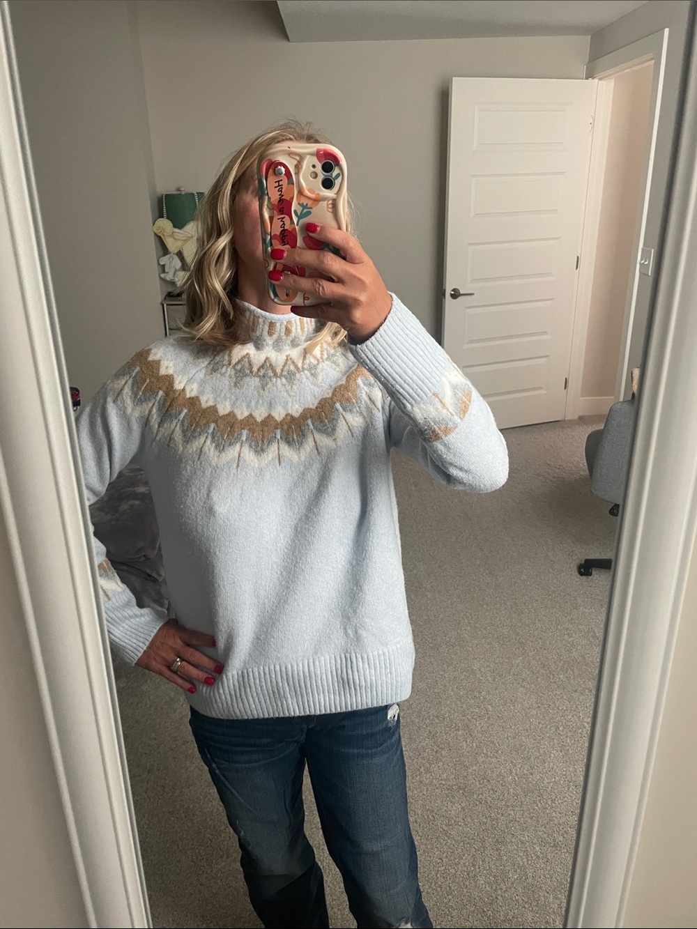 CeCe Cozy Light Blue Fair Isle Mock Neck Sweater